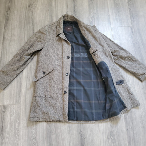 Billy Reid Herringbone Leather Trim Wool Coat Men's Size XL Mid Length Overcoat - Picture 5 of 10
